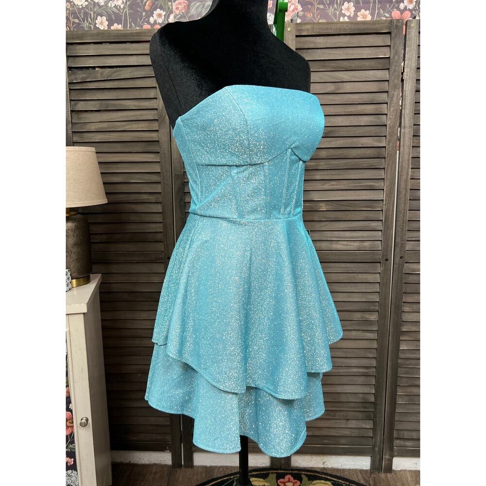 B Darlin Juniors 3/4 Turquoise Sparkle Strapless Homecoming Party Mini Dress NWT - Picture 6 of 12